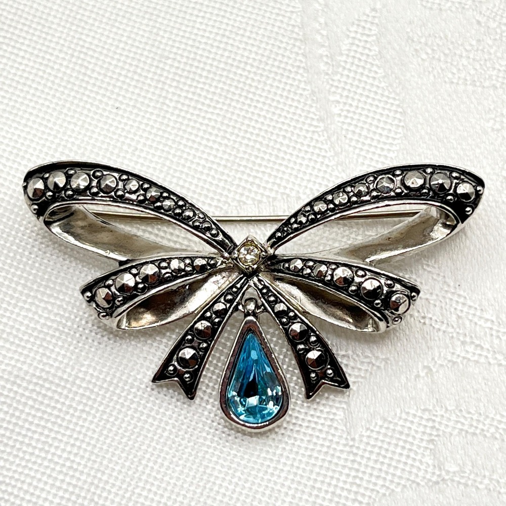 Vintage Avon Dangling Bow Brooch w/ Faux Marcasite and Blue Rhinestone